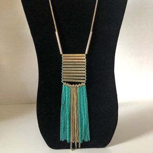 Gold Turquoise Chain Fringe Long Pendant Necklace